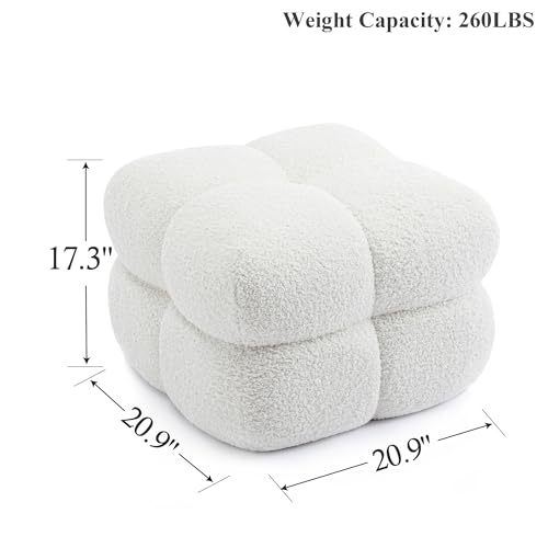 21" W Pouf Ottoman Foot Rest, Large Square Foot Stool for Couch, Upholstered Boho Ottoman with Teddy Fabric for Vanity Room Entryway Bedroom White