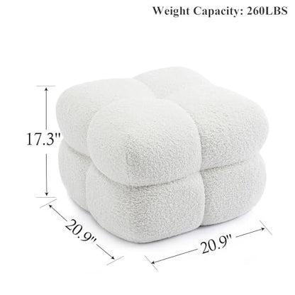 21" W Pouf Ottoman Foot Rest, Large Square Foot Stool for Couch, Upholstered Boho Ottoman with Teddy Fabric for Vanity Room Entryway Bedroom White