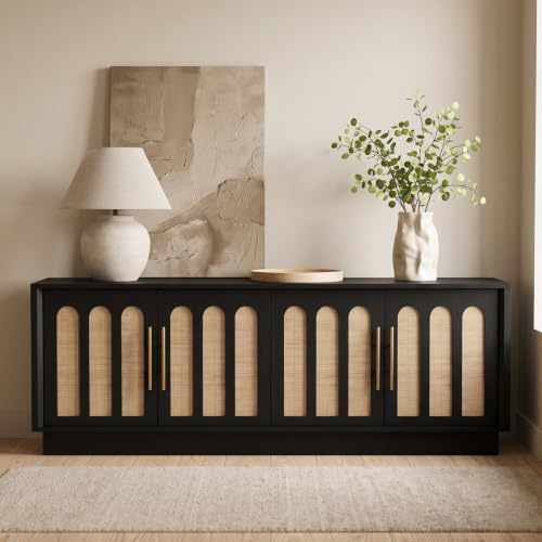 67" Arched Rattan Sideboard Buffet, 4 Door Adjustable Storage, Black, view 2