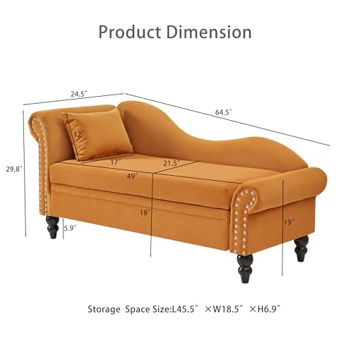 64.5" Velvet Chaise Lounge Chair with Storage, view 3
