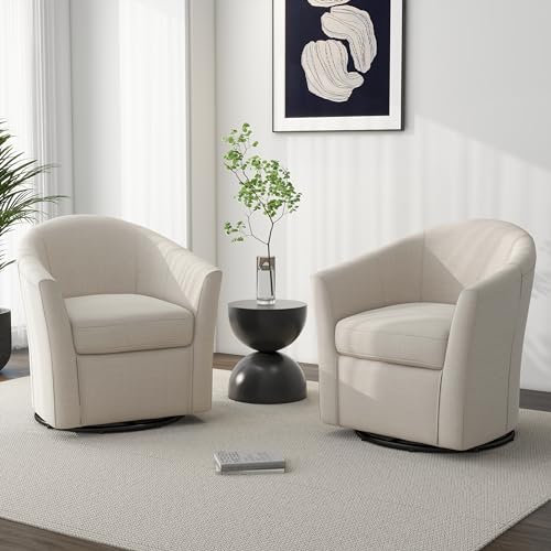 Swivel Accent Chair Armchair, Modern Round Single Sofa Seating Comfy Reading Barrel Chairs for Living Room Bedroom (Beige, Set of 2)