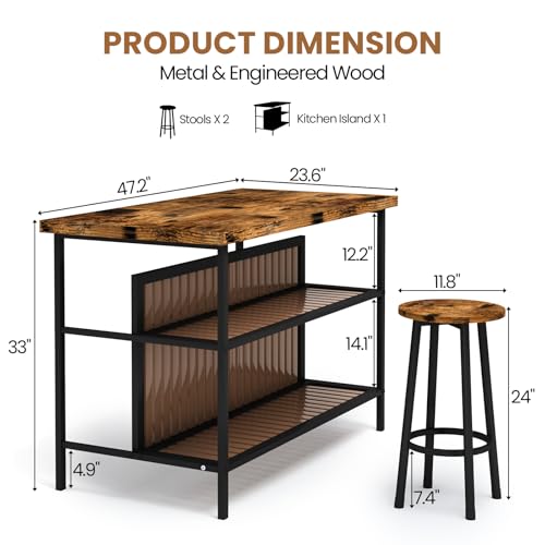Kitchen Island with Seating & Storage, Farmhouse Dining Table Set for 2, Space-Saving 3 Piece Dining Set Table & Chairs Island Table for Kitchen, Apartment, Dining Room, Rustic Brown