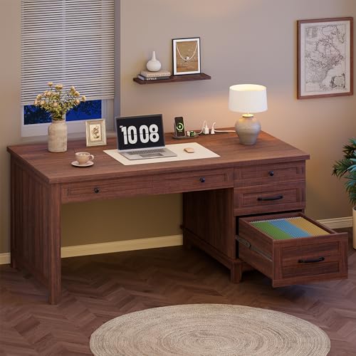Executive Desk with Drawers, Farmhouse Home Office Desk with Charging Station, 53.54 in Wooden Computer Desk with File Cabinet Storage for Work Study Writing,Walunt Brown