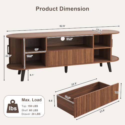 63“ Mid-Century Modern TV Stand with Storage, 1 Drawer, Walnut, view 3