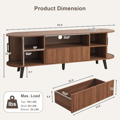 63“ Mid-Century Modern TV Stand with Storage, 1 Drawer, Walnut, view 3