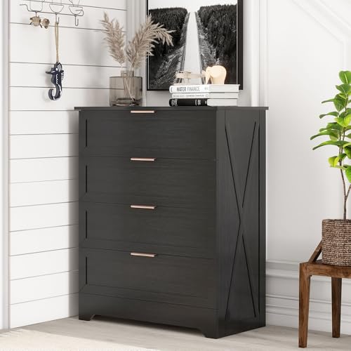 Modern Wide Wooden Chest of Drawers, Dresser for Closet, Black, view 2