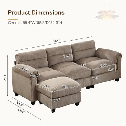 90" Wide Modular L Shaped Sofa Couch with Movable Ottoman, Convertible Corduroy Sectional Couches with Reversible Chaises and Rolled Arm for Living Room,Brown