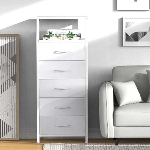 5 Drawers White Tall Fabric Dresser for Bedroom, Dorm Nightstand, view 5