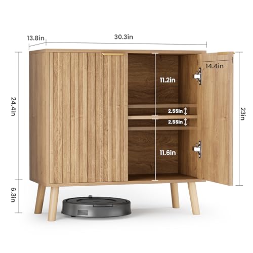 Fluted Storage Cabinet, Sideboard Buffet with Doors and Shelf, Wooden Console Table & Credenza, Multifunctional Entryway Cabinet for Living Room, Dining Room (Natural)
