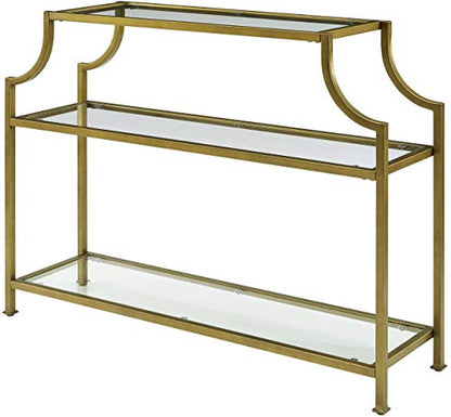 Aimee Sofa Console Table with Storage Shelves for Hall, Entryway, or Living Room, Gold and Glass