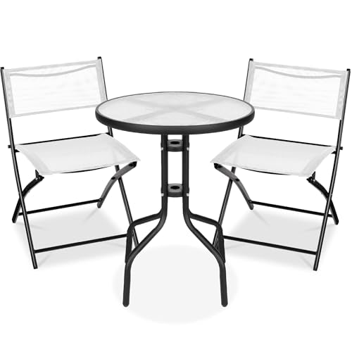 Best Choice Products 3-Piece Patio Bistro Dining Furniture Set w/Textured Glass Tabletop, 2 Steel Folding Chairs, Polyester Fabric - White
