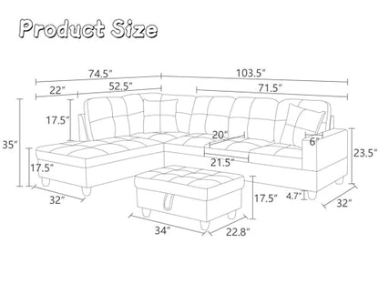 103.5" Sectional Couches for Living Room, Leather 4 Seat L Shaped Couch with Chaise, 3-Piece Modular Sofa with Storage Ottoman, Home Furniture Sets for Apartment Office, Dark Red