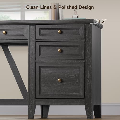 54 Inch Farmhouse Executive Desk, Computer Desk with Drawers, Home Office Desk with Charging Station, for Working Studying Writing, Black