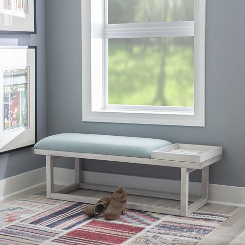 Powell Oakland White Washed Wooden Bench with Aqua Upholstered Seat and Removable Wood Tray