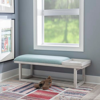 Powell Oakland White Washed Wooden Bench with Aqua Upholstered Seat and Removable Wood Tray