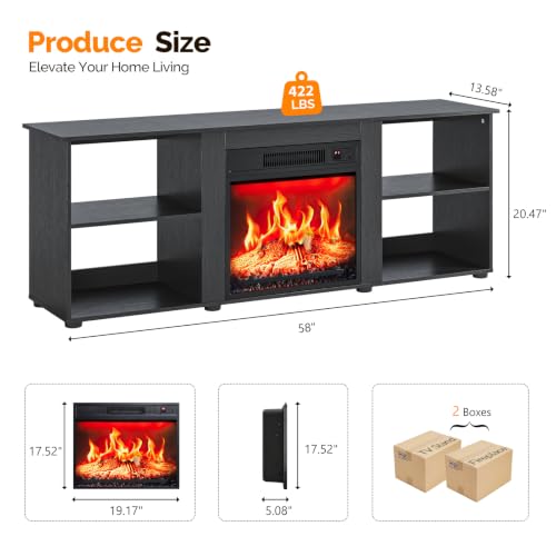 58" Fireplace TV Stand for Living Room, 4 Open Shelves, Black, view 3