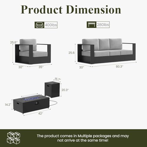 Oversized Aluminum Outdoor Furniture Set, 4 Piece Patio Sofa Sets with Fire Pit Table, Deep Seating and Upgraded 6-inch Cushions for Porch, Balcony, Deck