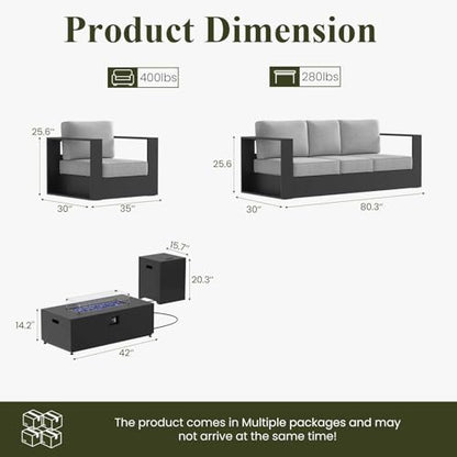 Oversized Aluminum Outdoor Furniture Set, 4 Piece Patio Sofa Sets with Fire Pit Table, Deep Seating and Upgraded 6-inch Cushions for Porch, Balcony, Deck