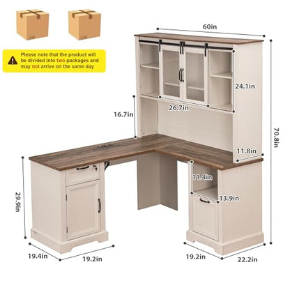 60" Farmhouse L Shaped Desk with Hutch, Executive Desk with Lockable Drawers, view 3