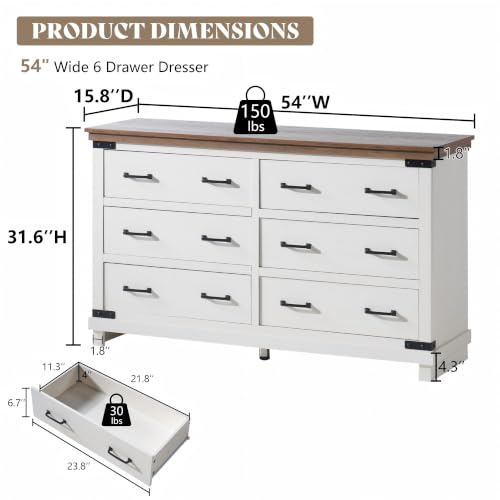 54" W Farmhouse Wood Dresser with 6 Drawers, Antique White, view 3