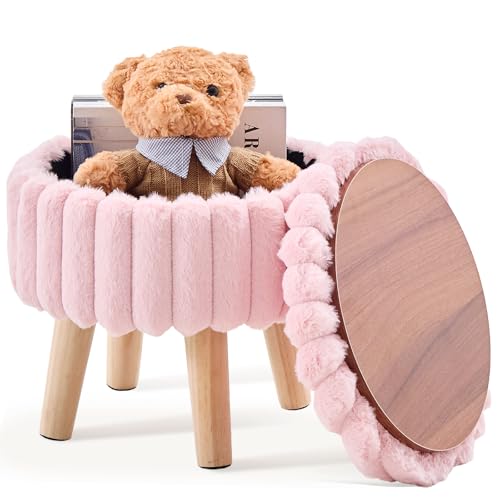 Storage Ottoman, Modern Round Footrest with Soft Padded Seat, Teddy Velvet Footstool with Wood Legs, Accent Small Table or Plant Stand for Hallway, Living Room (Light Pink)