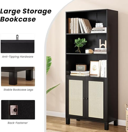 5 Shelf Bookshelf with Rattan Doors, 29.9" L×14.6" W×70.9" H Tall Bookcase with Freestanding Display Shelves, Farmhouse Boho Book Case for Home Office Reading Nook Living Room, Black