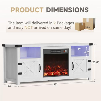 LED Entertainment Center with Fireplace, Fireplace TV Stand with Storage Cabinets and 2 Open Shelves, Modern Media TV Console for Living Room (White)