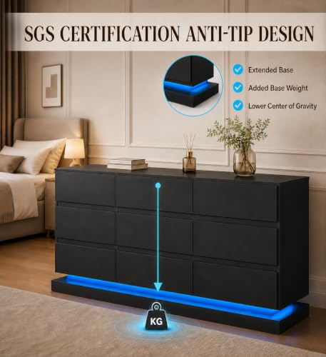 9 Drawer Dresser with LED Light, Dresser with Charging Station, view 5