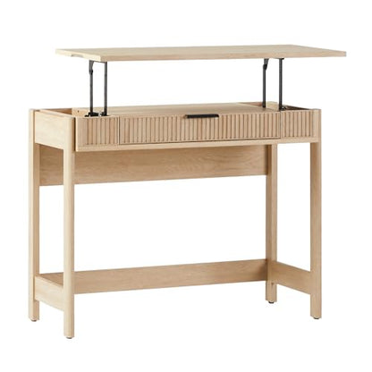 Transitional Style Furniture, Reeded Detail, Lift-Top Desk with Drawer and Storage Cubby, Sitting to Standing Desk, Soft Self-Close Desktop, 38 Inch, Coastal Oak