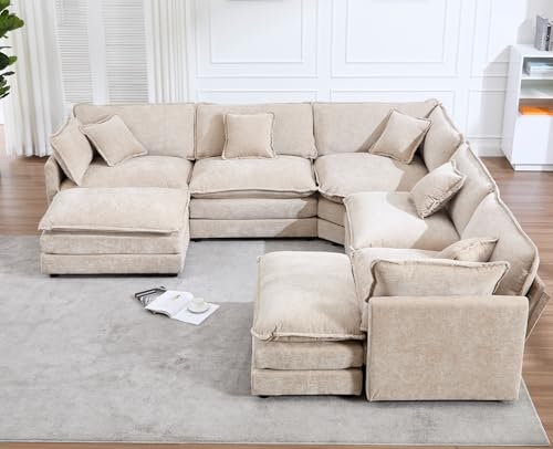 Oversized Modular Sectional Sofa, 7 Seater Deep Seat Cloud Couch Sectional | Chenille U Shaped Corner Couch | 7 Pillows, 2 Ottomans | Sectional Couches for Spacious Living Room, Large Families| Camel