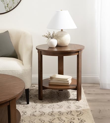 Foxford Tiered Round Side Table; 22 x 22 x 24; Walnut Brown; Transitional Two-Tier Circle Nightstand Table with Storage and Resilient Wood Construction for Bedroom Decor