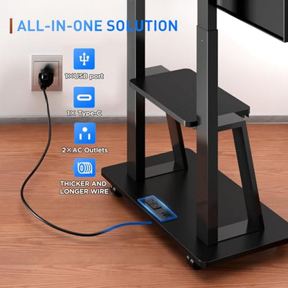 Rolling TV Stand for 32-80 Inch TVs, Mobile TV Cart with Power Outlet, Outdoor TV Stand with Wheels, Portable tv Stands for LCD OLED 4K Flat/Curved Panels Max VESA 600x400mm (Black)