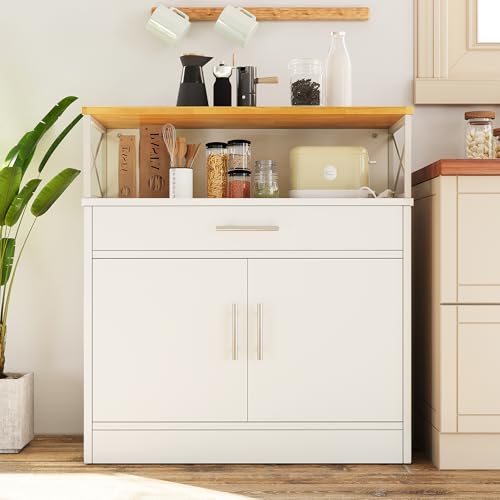 Coffee Bar Cabinet, Farmhouse Kitchen Storage Cabinet with Adjustable Shelf, 31“ Modern Sideboard Buffet Table for Kitchen, Dining Room, White