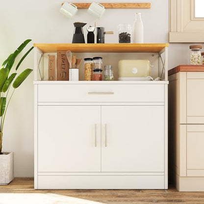 Coffee Bar Cabinet, Farmhouse Kitchen Storage Cabinet with Adjustable Shelf, 31“ Modern Sideboard Buffet Table for Kitchen, Dining Room, White