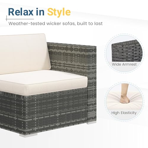 5 Piece Outdoor Patio Furniture Set, All Weather Wicker Rattan Sectional Sofa Conversation Set with Cushions & Glass Coffee Table, Ideal for Porch Garden Balcony Backyard, Beige