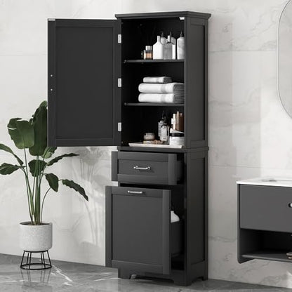 68 Inch Bathroom Storage Cabinet with Adjustable Shelf, Black | Black MDF, bathroom or office, painted finish, adjustable shelf, enclosed cabinet, anti-tip hardware, 68.4 in H