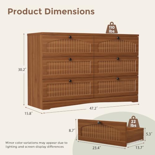 Fluted 6 Drawer Dresser, Wooden Chest of Drawers for Bedroom, Walnut, view 3