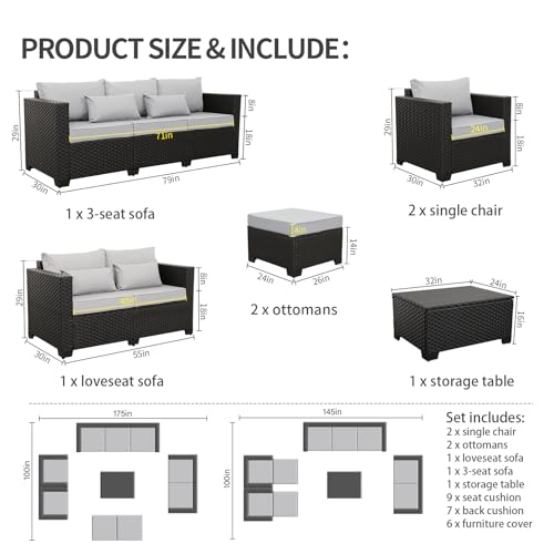 Patio Furniture Sets 7 Pieces Outdoor Furniture Sectional Patio Couches Set with Storage Table Light Grey Cushions