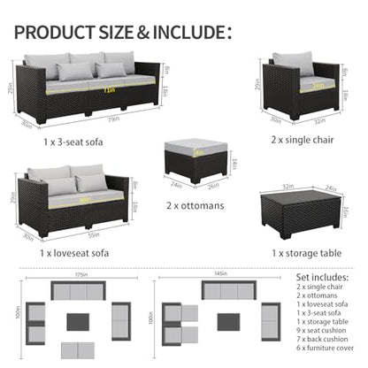 Patio Furniture Sets 7 Pieces Outdoor Furniture Sectional Patio Couches Set with Storage Table Light Grey Cushions
