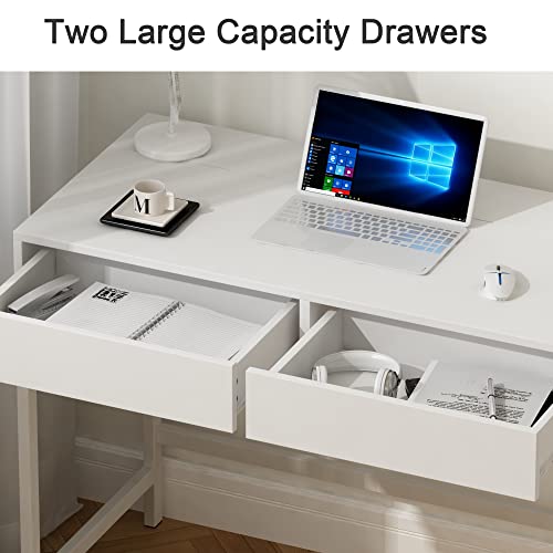 Computer Desk with USB Charging Ports and Power Outlets, Modern Simple 40 inch White Desk with 2 Drawers, Vanity Desk, Makeup Table for Home Office, Bedroom