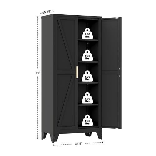 71" Metal Storage Cabinet with Doors and Shelves, Tall Pantry Cabinet in Black with 2 Doors & 4 Adjustable Shelves, All-Steel Farmhouse Cupboard for Kitchen, Living Room,Home Office,Garage