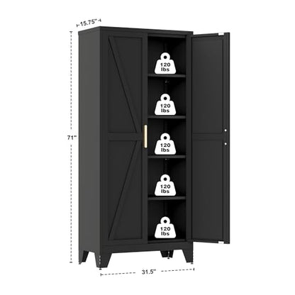 71" Metal Storage Cabinet with Doors and Shelves, Tall Pantry Cabinet in Black with 2 Doors & 4 Adjustable Shelves, All-Steel Farmhouse Cupboard for Kitchen, Living Room,Home Office,Garage