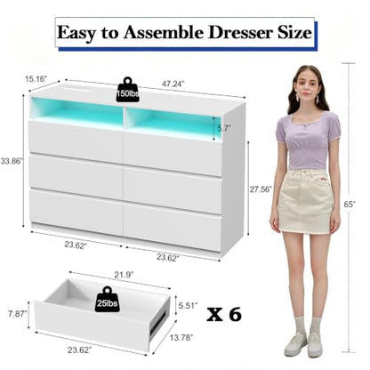 Premium 6 Drawers 2 Shelves 47"L White Dresser for Bedroom with RGB Lights, view 3