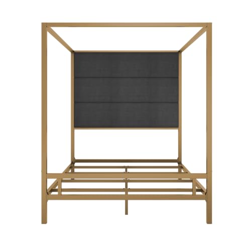 Queen Size Canopy Bed with Upholstered Headboard and Storage,Gold+Dark Grey, view 6