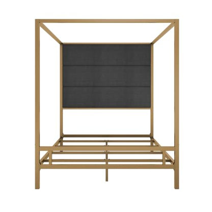 Queen Size Canopy Bed with Upholstered Headboard and Storage,Gold+Dark Grey, view 6