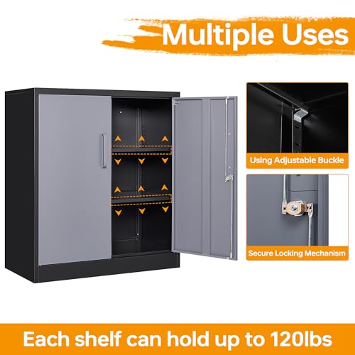 STANI Metal Storage Cabinet with 2 Adjustable Shelves Steel Counter Cabinet with Lockable Doors for Home Office