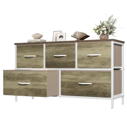 Dresser for Bedroom with 5 Drawers, Wide Chest of Drawers, Fabric Bedroom Dresser with Drawer Organizer, Storage Organizer Unit with Fabric Bins for Closet, Living Room, Hallway, Greige Oak