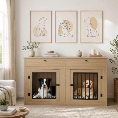 60 Inch Double Dog Crate Furniture with Storage Drawers, view 4