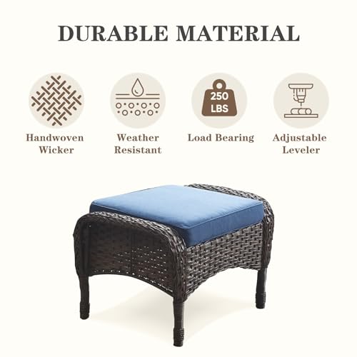 Outdoor Ottomans for Patio Foot Rest - 25 Inch PE Wicker Foot Stool Set of 2 with Removable Cushions for Patio Furniture Sets,All Weather Rattan Ottoman for Balcony Deck Backyard Brown