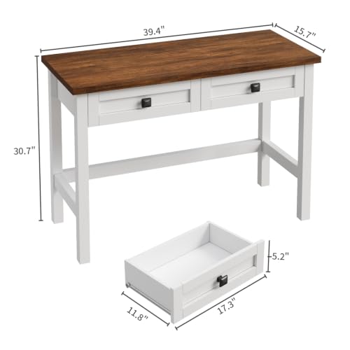 Farmhouse Small Computer Desk with 2 Drawer for Bedroom, 39.4 in Work Table, view 3